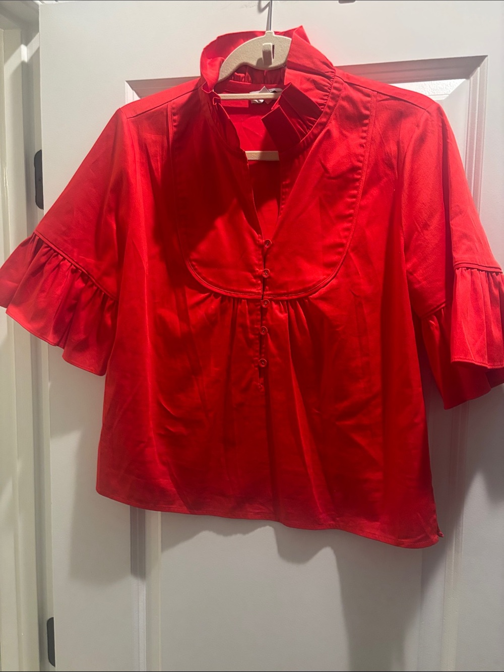 Women’s Red Ruffle-Sleeve Button-Front Blouse